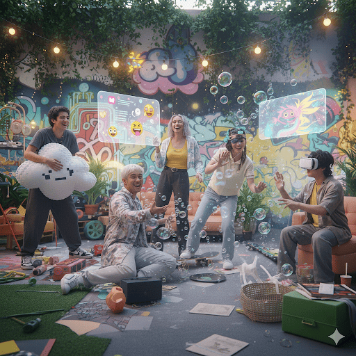 “Jóvenes Gen Z interactúan en un espacio urbano con grafitis, realidad virtual, emojis flotantes y burbujas. Ambiente lúdico y digital.”, imagen creada con Gemini (IA) el 11/09/2025 por Joaquín García, prompt: “gemi, crea una imagen lúdica que represente a la generación z, con jóvenes z y elementos que los caractericen, por favor”.