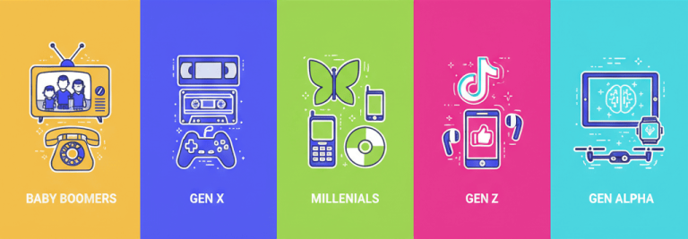 Ilustración generada con IA mostrando a cinco generaciones (Boomers, X, Millennials, Z, Alpha) con íconos culturales y tecnológicos. Generada con Gemini. Prompt: Ilustración moderna en estilo flat design que muestre a cinco generaciones (Baby Boomers, Gen X, Millennials, Gen Z y Gen Alpha) representadas con íconos culturales y tecnológicos propios: televisor antiguo, casete/VHS, MSN Messenger, TikTok, tablet con IA. Colores vivos, diseño limpio y horizontal. Autor: María Ines González.