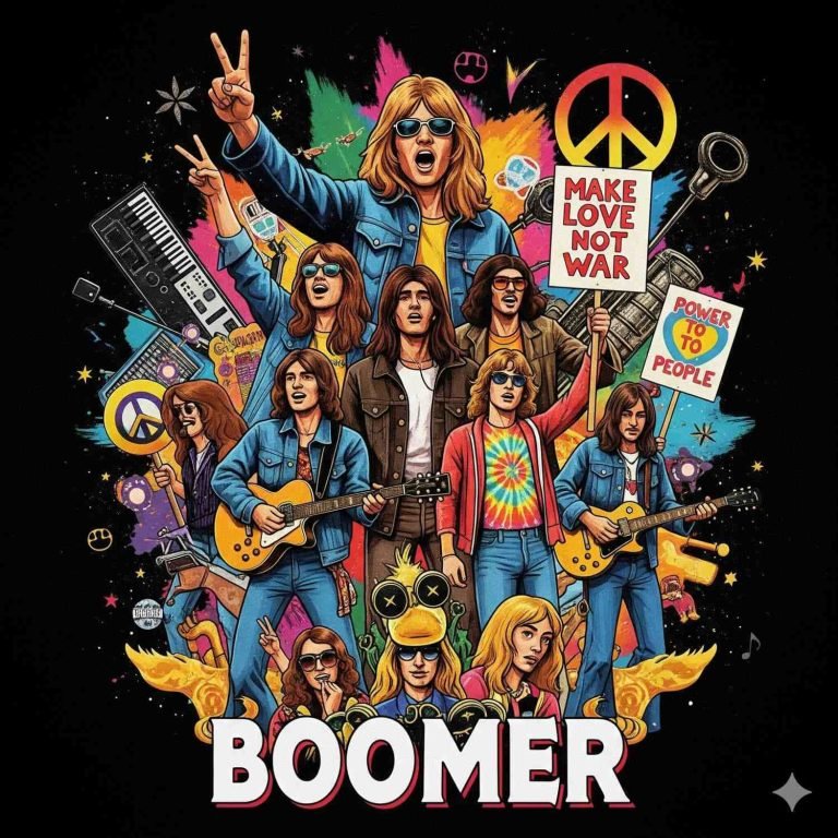 Ilustración vibrante de estilo pop art que representa la juventud de la Generación Boomer. Un grupo de jóvenes sonrientes, con atuendos inspirados en los años 60 y 70, muestran símbolos de paz y tocan guitarras. En el fondo, un collage de elementos contraculturales y musicales, incluyendo un sintetizador y carteles con mensajes como 'MAKE LOVE NOT WAR' y 'POWER TO THE PEOPLE'. La palabra 'BOOMER' está escrita en la parte inferior.