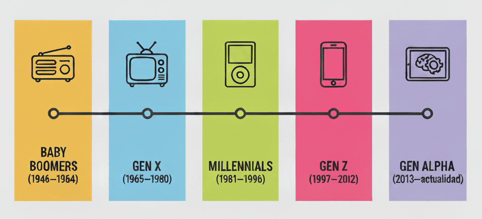 Infografía generada con IA mostrando una línea de tiempo con los años de nacimiento de cada generación (Boomers, X, Millennials, Z, Alpha). Generada con Gemini. Prompt: Infografía en estilo minimalista y colorido que muestre una línea de tiempo con las generaciones: Baby Boomers (1946–1964), Gen X (1965–1980), Millennials (1981–1996), Gen Z (1997–2012), Gen Alpha (2013–actualidad). Diseño claro, con íconos simples para cada cohorte. Autor: María Ines González.
