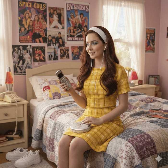“Joven con vestido amarillo escuchando música con auriculares en una habitación decorada con pósters de los años 90”. Imagen creada con Gemini (IA) el 11/09/2025 por Lindzey Neira, 
Prompt: Quiero una imagen de una chica que se vista con el conjunto iconico amarrillo de clueless, quiero que sea castaña y que esté en una pieza con una cama grande y que tenga posters de las spacegirls, los backstreet boys y los new kids on the block. En cuanto al maquillaje quiero que tenga un maquillaje noventero, con una sombra de color celeste y que se vea media natural, con gloss en los labios, su pelo tiene que estar suelto y tener cintillo de tela blanco y en la mano tener un telefono de conchita antiguo, tiene que tener un dicman y estar escuchando musica con audifonos chicos. 
Tuve que pedirle que cambiara la cara porque al principio me daba caras como de desagrado