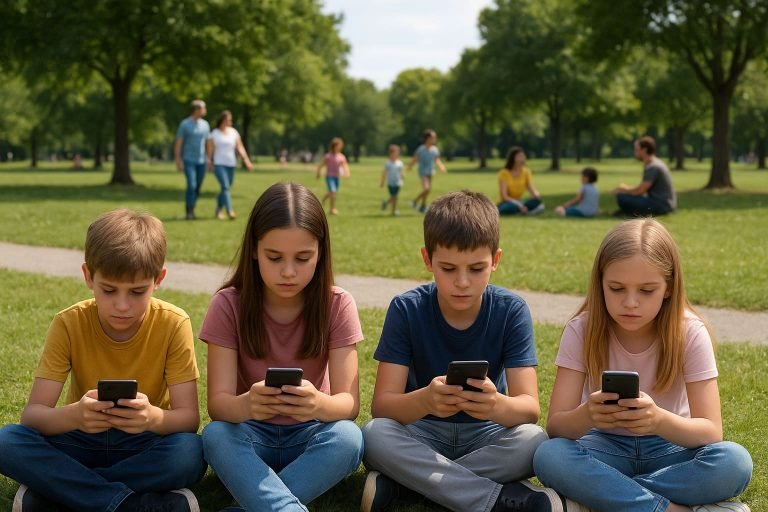 "Jóvenes utilizan el teléfono en mitad de un parque" imagen creada con Chat GPT (IA) el 11/09/2025 por Matias Conejeros prompt: “Necesito que generes una imagen sobre: un grupo de jóvenes pertenecientes a la Generación Alpha utilizando el teléfono al aire libre, mientras el resto de los niños juegan en el parque”.