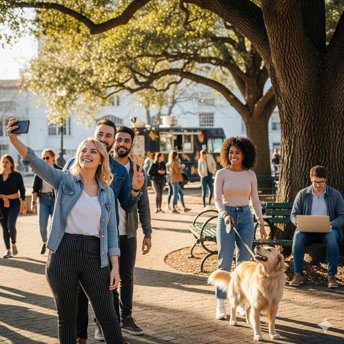 “Grupo de jóvenes tomándose una selfie en un parque soleado, mientras una mujer pasea a su perro y otras personas caminan alrededor”. Imagen creada con Gemini (IA) el 11/09/2025 por Lindzey Neira, 
Prompt: Necesito que me generes una imagen de un grupo de adultos jóvenes, millennials, unos en el celular sacandose una selfie, otros paseando a un perro. otro con un computador sentado.