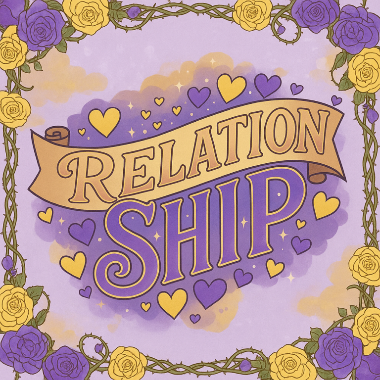 Ilustración digital con las palabras “Relation Ship” en letras grandes de color dorado y violeta, rodeadas de corazones y un marco de rosas amarillas y moradas sobre un fondo lavanda. Imagen creada por ChatGPT Palabra clave: relationship.
