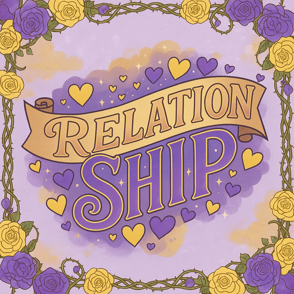Ilustración digital con las palabras “Relation Ship” en letras grandes de color dorado y violeta, rodeadas de corazones y un marco de rosas amarillas y moradas sobre un fondo lavanda. Imagen creada por ChatGPT Palabra clave: relationship.