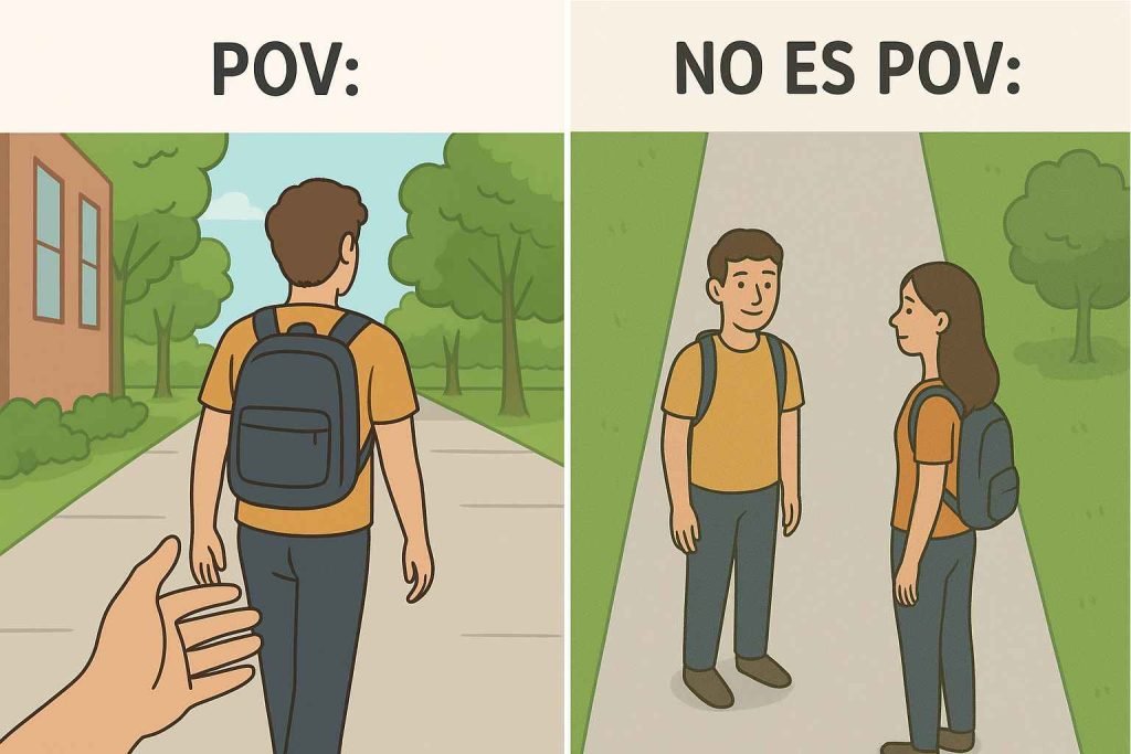 Dos personas en una misma situación, separadas en dos cuadros. Una representa correctamente el "POV" de la persona. La otra representa un incorrecto uso del "POV", al estar ubicada en una posición muy elevada, accesible casi exclusivamente para una cámara elevada.