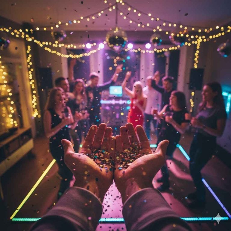 Persona observando confeti en sus manos en una fiesta. Ejemplo claro de qué es "POV". Imagen generada por Gemini (IA) el 30/10/2025 por Rafael Gónzalez, prompt: Necesito que en un imagen representes que es y no es pov, genera una imagen que represente el punto de vista de una persona mirando sus manos en una fiesta.