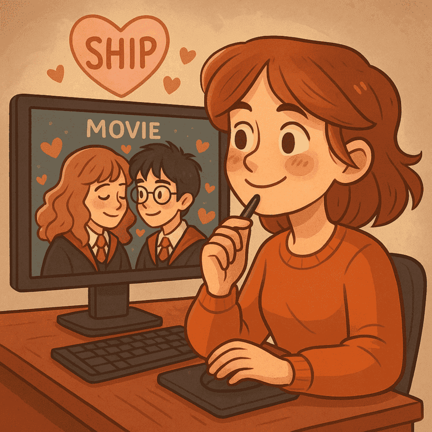 Ilustración digital de estilo animado que muestra a una persona sonriendo frente a un computador mientras shippea a dos personajes de una película ficticia que aparecen en la pantalla. Imagen creada por ChatGPT "Crea una imagen de una mujer shippeando a los personajes principales de una película"