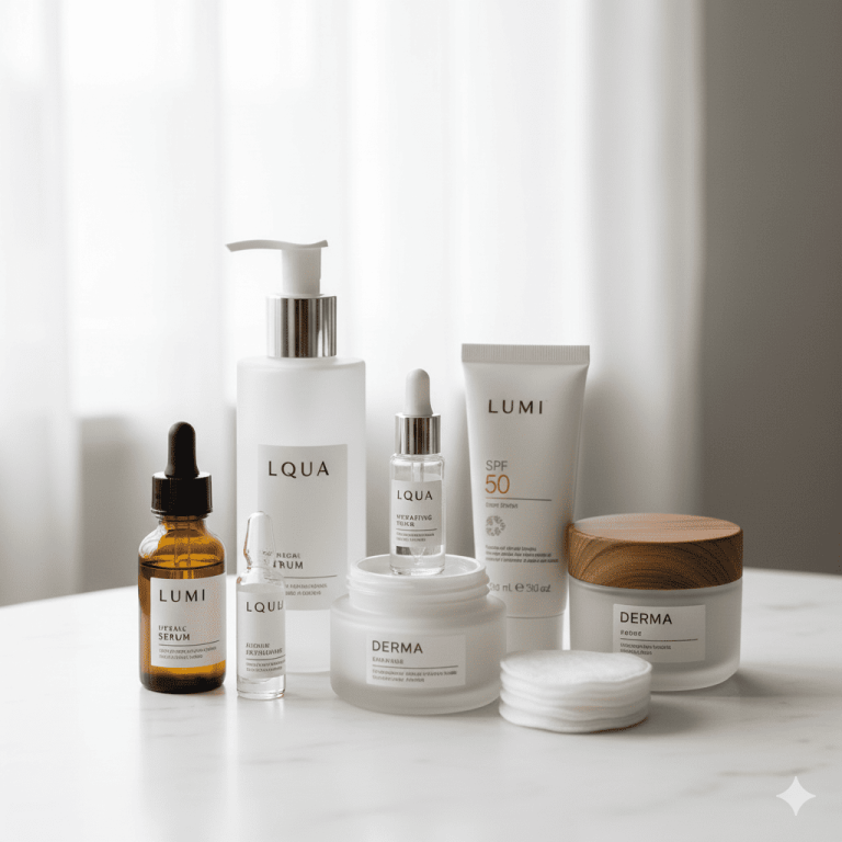 “Variedad de productos de skincare como sérums, cremas y protector solar, presentados en botellas y tarros sobre una superficie blanca.” 
Imagen creada con Gemini (IA) el 29/10/2025 por Lindzey Neira, prompt: “haz una imagen de una colección de diferentes productos de skincare, como botellas de tónico, sérum y crema, sobre una superficie limpia”.