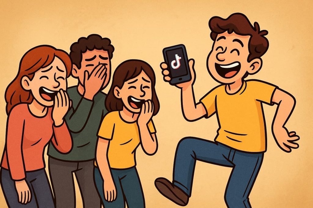 "Grupo de jóvenes mirando con incomodidad a sujeto que graba un TikTok."
Imagen generada por Chat GPT (IA) el 28/10/2025 por Matías Conejeros, prompt: Necesito que generes la imagen de: un grupo de amigos riéndose y sintiendo vergüenza ajena de un compañero que intenta grabar un TikTok bailando (la imagen debe ser caricaturesca, no realista)".