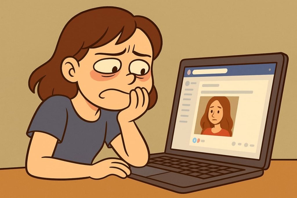 "Joven mirando con desagrado el post de otra usuaria de redes". Imagen generada por Chat GPT (IA) el 27/10/2025 por Matías Conejeros, prompt: "Necesito que me generes una imagen caricaturesca (no realista) de: una persona sintiendo vergüenza al ver un post ajeno."