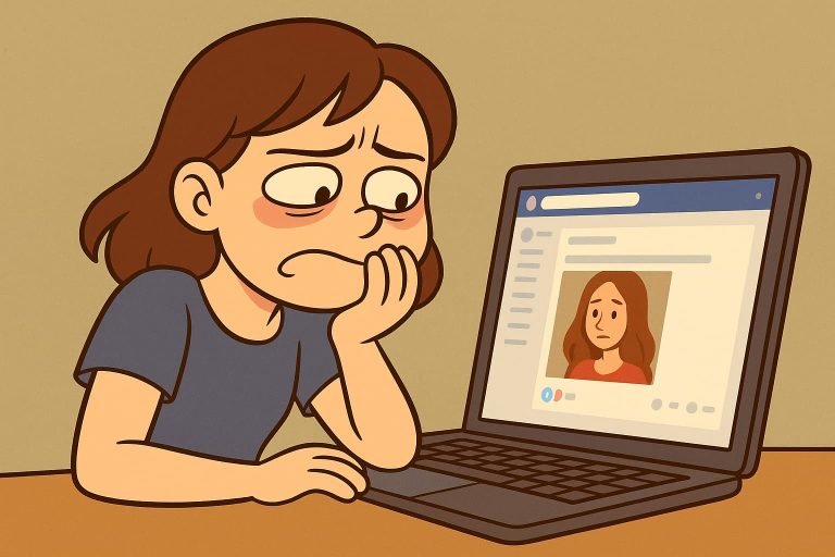 "Joven mirando con desagrado el post de otra usuaria de redes". Imagen generada por Chat GPT (IA) el 27/10/2025 por Matías Conejeros, prompt: "Necesito que me generes una imagen caricaturesca (no realista) de: una persona sintiendo vergüenza al ver un post ajeno."