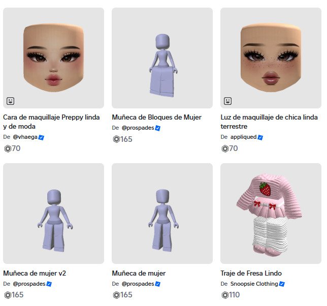 Captura de pantalla del Marketplace de Roblox, mostrando artículos estéticos como maquillaje 'Preppy' y un 'Traje de Fresa Lindo', con precios en Robux. GenExplica / Captura de Pantalla Propia (sobre la interfaz y artículos del Avatar Shop de Roblox).