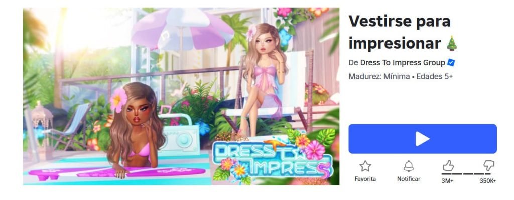 Miniatura oficial del juego 'Vestirse para impresionar' (Dress to Impress) de Roblox, con dos avatares femeninos en un ambiente tropical de moda. GenExplica / Captura de Pantalla Propia (sobre material de Dress To Impress Group en Roblox).