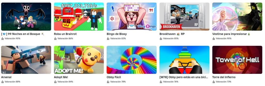 Captura de pantalla de los juegos más populares de Roblox, destacando 'Dress to Impress', 'Adopt Me!', 'Brookhaven RP' y 'Tower of Hell'. GenExplica / Captura de Pantalla Propia. (2025). Interfaz de la plataforma Roblox.