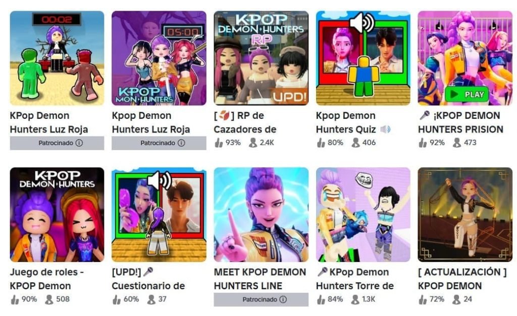 Captura de pantalla de la búsqueda 'KPop Demon Hunters' en Roblox, mostrando una docena de juegos de rol, quiz y carreras basados en la tendencia viral. GenExplica / Captura de Pantalla Propia (sobre la interfaz y contenido de Roblox).