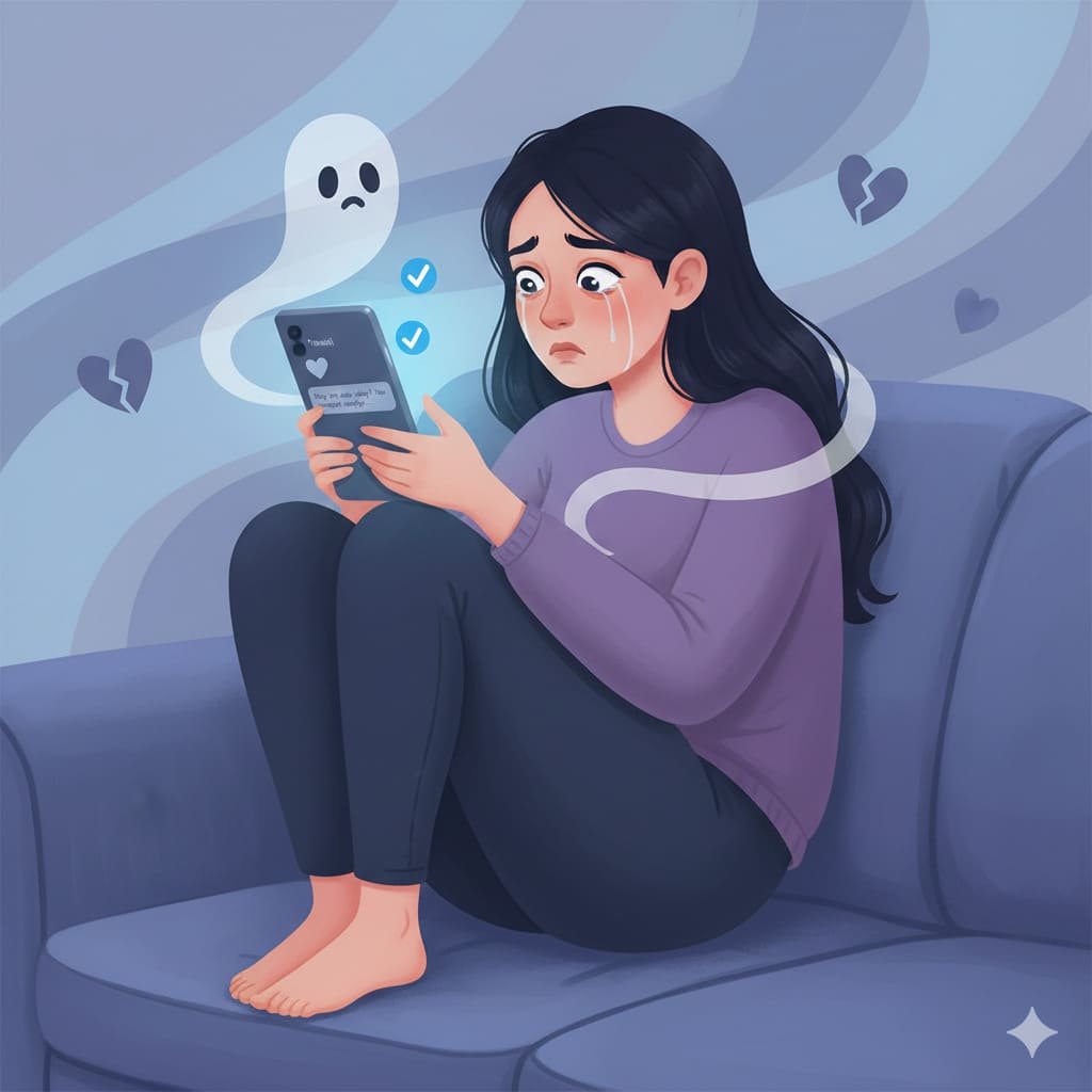 "Chica triste sentada en un sillón, viendo un mensaje de texto en visto en su celular y un fantasma no realista que simboliza el Ghosting.", imagen creada con Gemini (IA) el 9/11/2025 por Joaquín García, prompt: "gemi crea una imagen en forma horizontal en donde aparezca una chica sufriendo ghosting, un chico con el que hablaba la dejó en visto, que se vea su celular y el visto, que el estilo sea no realista".