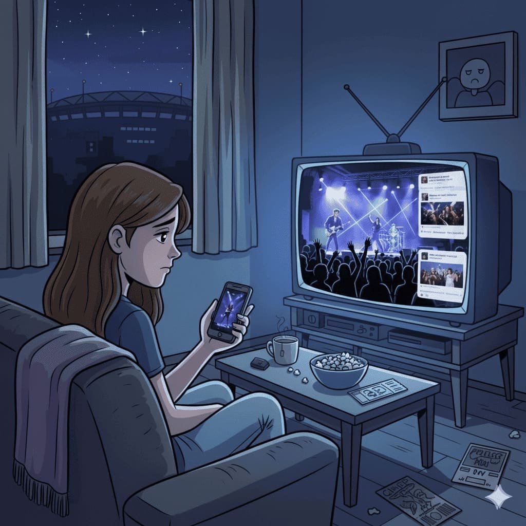 "Joven sola y pensativa sentada en un sofá, mirando su teléfono mientras en un televison se ve un concierto en vivo. Afuera, a través de la ventana, se distingue un gran estadio iluminado por la noche.", imagen creada con Gemini (IA) el 21/10/2025 por Joaquín García, prompt: “gemi, crea una imagen en donde aparezca una joven con un celular viendo por la tv un concierto al que no pudo ir, y siente FOMO por eso".