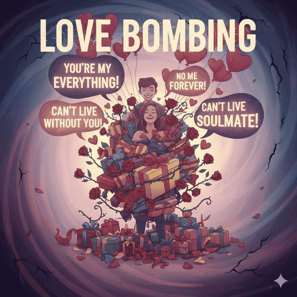 Imagen Ilustrativa Love Bombing. Una pareja odeada de rosas y diálogos complacientes. -IA-Gemini_Generated.-Prompt-Imagen Ilustrativa Love bombing-Autor-prompt-Aranza-Toledo
