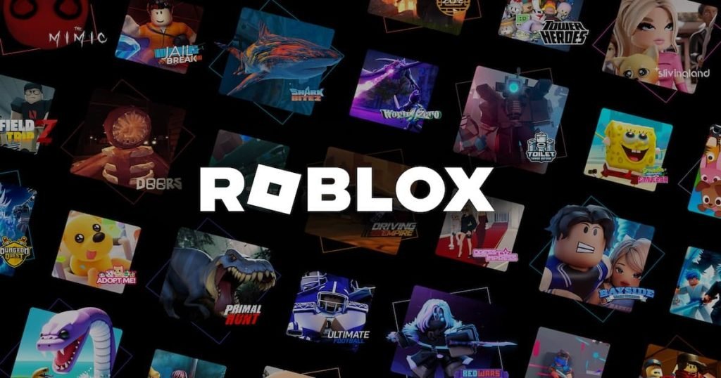 Logotipo de Roblox en blanco sobre un fondo negro, rodeado de miniaturas variadas de diferentes juegos de la plataforma, como "Jailbreak", "Adopt Me!", "Tower Heroes" y "Doors". Roblox Corporation. (2024). Materiales de prensa y marketing oficial de Roblox. (Imagen utilizada en blogs y portales de noticias).