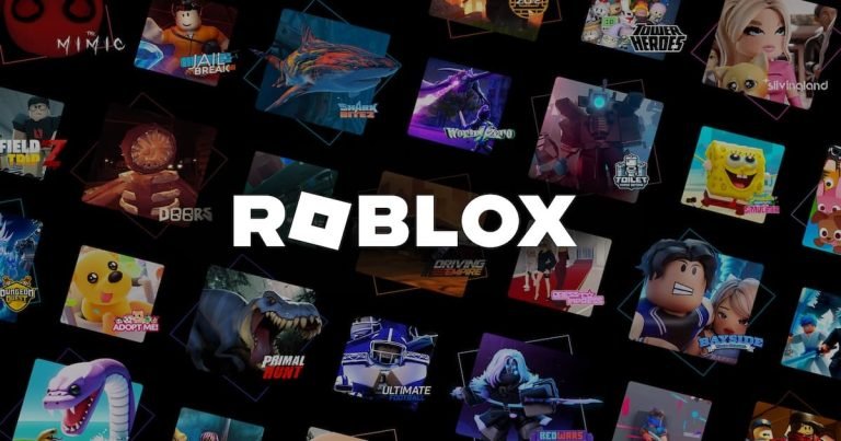 Logotipo de Roblox en blanco sobre un fondo negro, rodeado de miniaturas variadas de diferentes juegos de la plataforma, como "Jailbreak", "Adopt Me!", "Tower Heroes" y "Doors". Roblox Corporation. (2024). Materiales de prensa y marketing oficial de Roblox. (Imagen utilizada en blogs y portales de noticias).