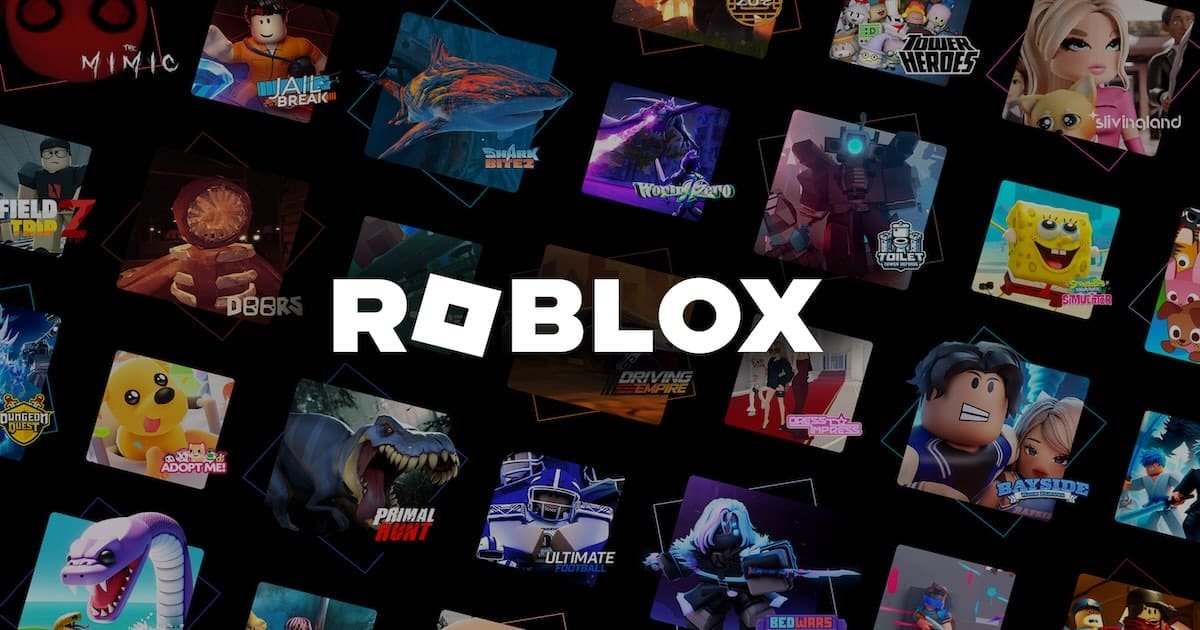 Logotipo de Roblox en blanco sobre un fondo negro, rodeado de miniaturas variadas de diferentes juegos de la plataforma, como "Jailbreak", "Adopt Me!", "Tower Heroes" y "Doors". Roblox Corporation. (2024). Materiales de prensa y marketing oficial de Roblox. (Imagen utilizada en blogs y portales de noticias).