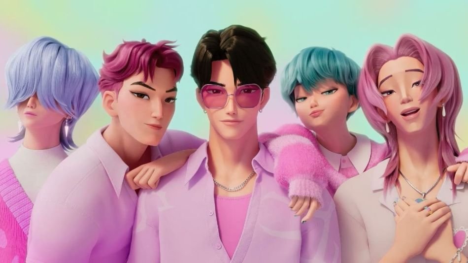 Póster o captura de pantalla del grupo de chicos demoníacos The Saja Boys de KPop Demon Hunters. Los cinco personajes llevan ropa de estilo K-Pop en tonos rosados y pastel. KPop Demon Hunters / Netflix