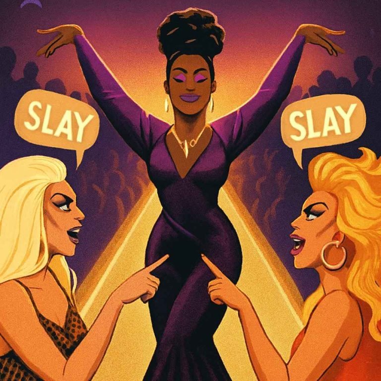 Tres drag queens en una pasarela vibrante de cultura ballroom. La figura central posa con confianza en un vestido púrpura, mientras las otras dos la señalan emocionadas y exclaman “SLAY”. El fondo muestra luces cálidas, público y una atmósfera festiva. Imagen generada por Copilot (IA) el 13/11/2025 por Rafael González. Promt; genera una imagen a partir de los orígenes de slay en la cultura ball, donde dos personas estén diciendo slay a otra persona que lo esté haciendo bien.