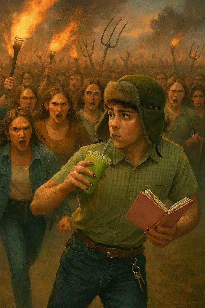 Un joven performativo huye con expresión de pánico mientras sorbe un batido verde y sostiene un libro rosa. Detrás de él, una multitud de mujeres jóvenes lo persigue con antorchas encendidas y horcas levantadas. Imagen generada por Copilot (IA) el 13/11/2025 por Rafael González. Promt: haz que el este siendo perseguido por una multitud de mujeres jóvenes enojadas con antorchas y horcas en una imagen.