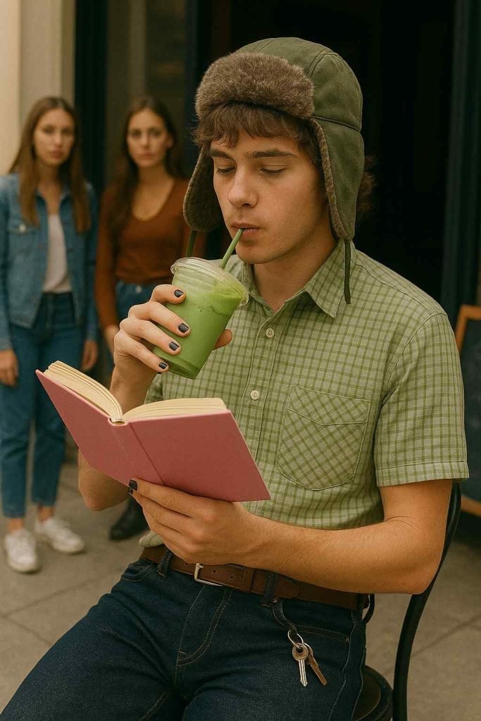 Joven con vestimenta de "hombre performativo", bebe té matcha afuera de una cafetería, mientras lee y dos chicas lo observan por detrás. Imagen creada con ChatGPT (IA) el 13/11/2025 por Rafael González. Prompt: genera una imagen de un "hombre performativo" tomando un matcha sentado en una silla en las afueras de una cafetería con un grupo de chicas mirándolo a una corta distancia.