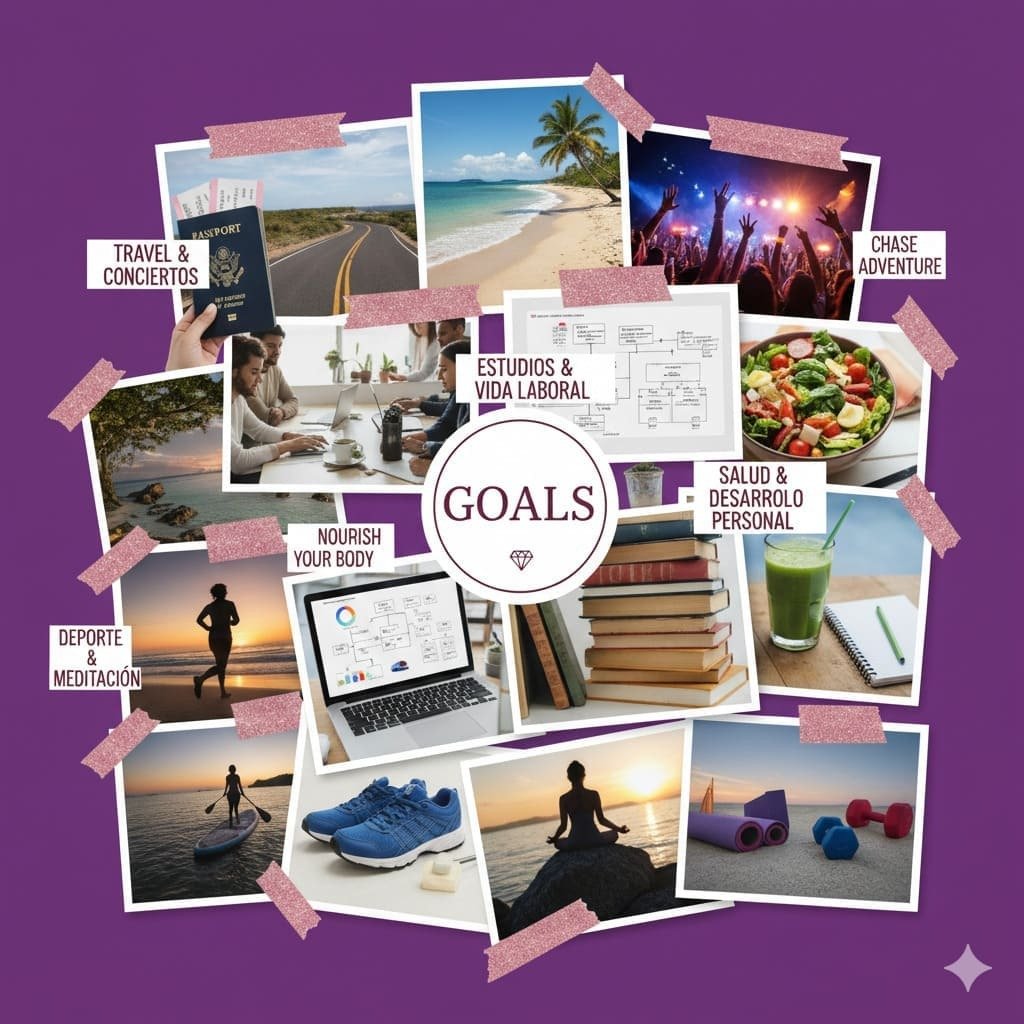 “Vision board digital en collage sobre fondo morado. Imágenes superpuestas de metas (viajes, trabajo, salud) y frases inspiradoras”
Imagen creada con Gemini (IA) el 10/11/2025 por Lindzey Neira, prompt: “Un collage de vision board digital, horizontal y estético (estilo Pinterest) sobre fondo morado liso. Lleno de imágenes superpuestas y desordenadas (sin caras) sobre metas de adultos jóvenes (viajes, trabajo, salud, deporte) y frases”