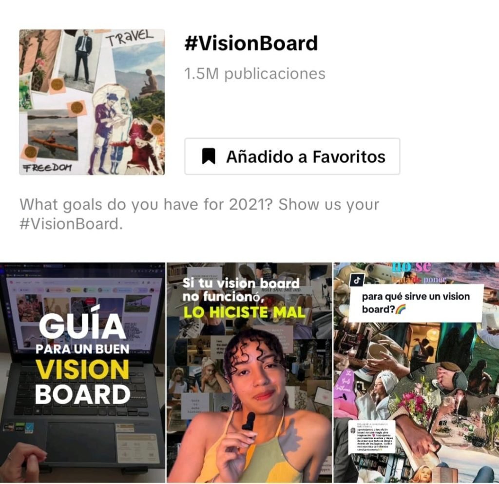 Captura de pantalla de la página del hashtag #VisionBoard en TikTok. Muestra 1.5 millones de publicaciones y una cuadrícula de videos con títulos como 'GUÍA PARA UN BUEN VISION BOARD' y 'Si tu vision board no funcionó, LO HICISTE MAL
Fuente: Captura de pantalla de TikTok (hashtag #VisionBoard).
