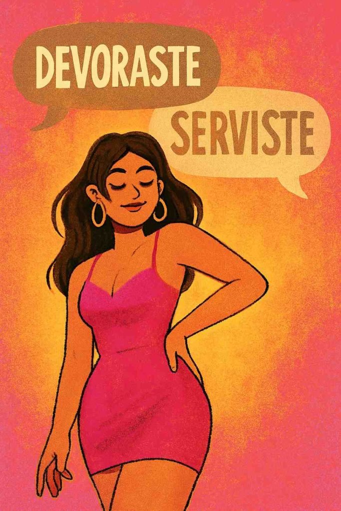 Una joven posando con actitud en su vestido, mientras desde el fondo emergen los comentarios “¡Devoraste!” y “¡Serviste!” como elogios visuales.