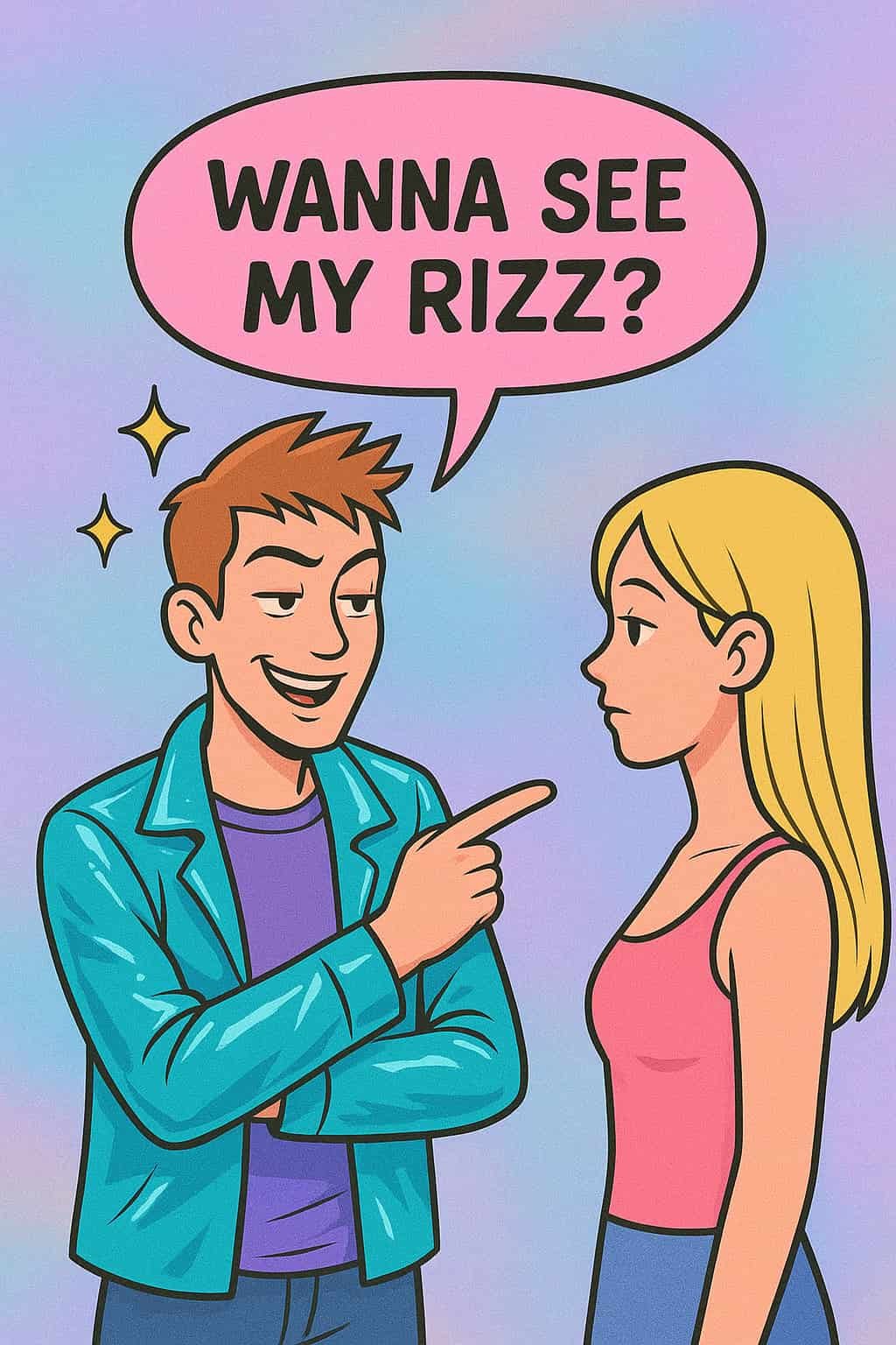 Hombre intentando usar su rizz. Imagen generada por Chat GPT (IA) el 12/11/2025 por Matías Conejeros, promt; "Ahora necesito que crees una imagen que muestre a un joven intentando usar su "rizz" (carisma para cortejar) (la imagen no debe ser realista)"