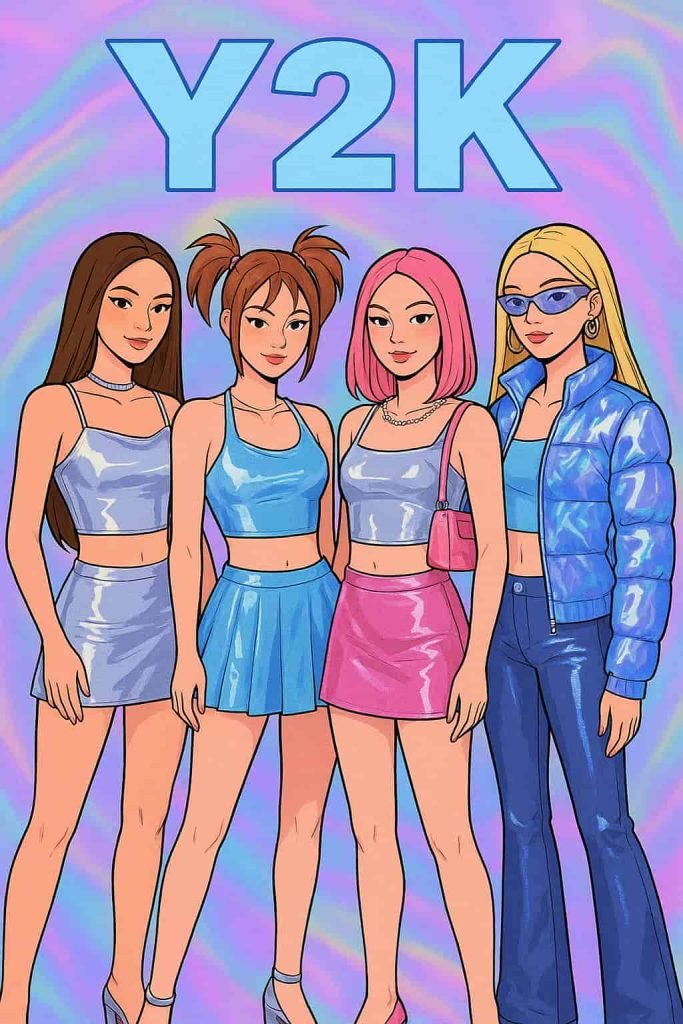 Grupo de amigas vestidas al estilo Y2K posando. Imagen generada por Chat GPT (IA) el 12/11/2025 por Matías Conejeros, promt; "Necesito que me crees una imagen donde se muestre la moda Y2K (no debe ser una imagen realista)"