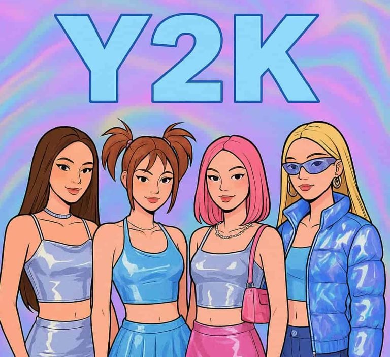 Grupo de amigas vestidas al estilo Y2K posando. Imagen generada por Chat GPT (IA) el 12/11/2025 por Matías Conejeros, promt; "Necesito que me crees una imagen donde se muestre la moda Y2K (no debe ser una imagen realista)"