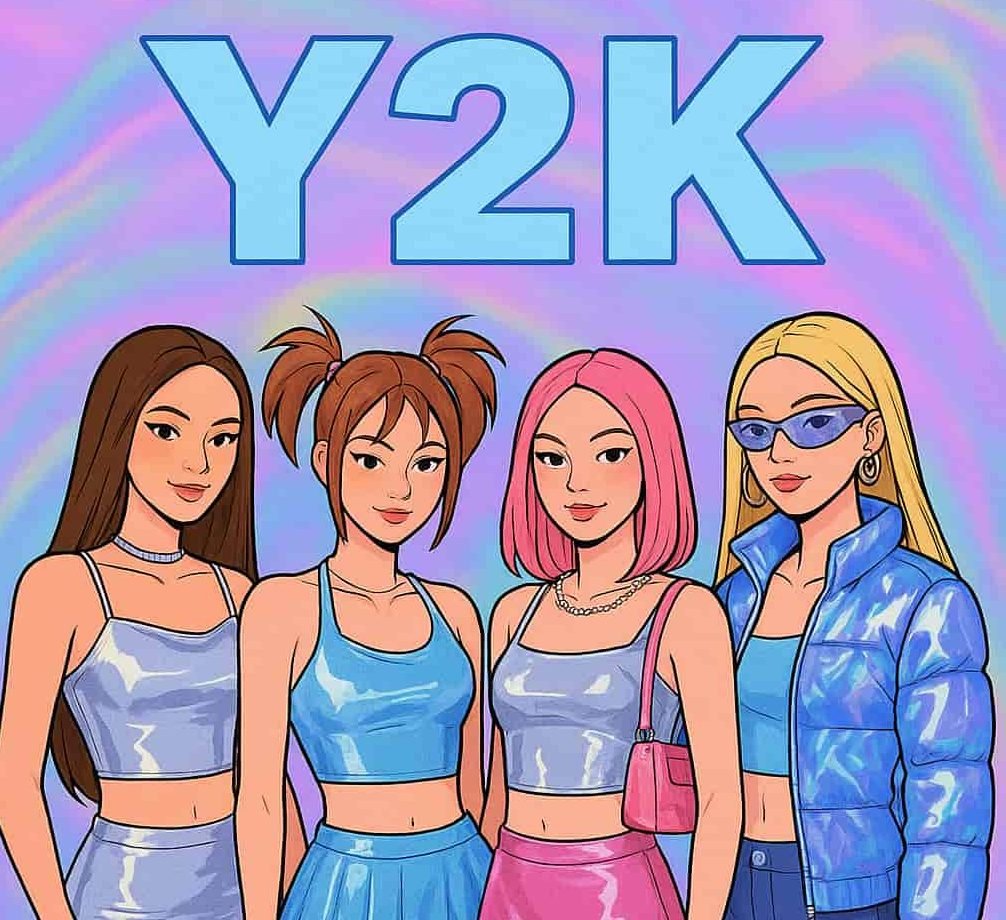 Grupo de amigas vestidas al estilo Y2K posando. Imagen generada por Chat GPT (IA) el 12/11/2025 por Matías Conejeros, promt; "Necesito que me crees una imagen donde se muestre la moda Y2K (no debe ser una imagen realista)"