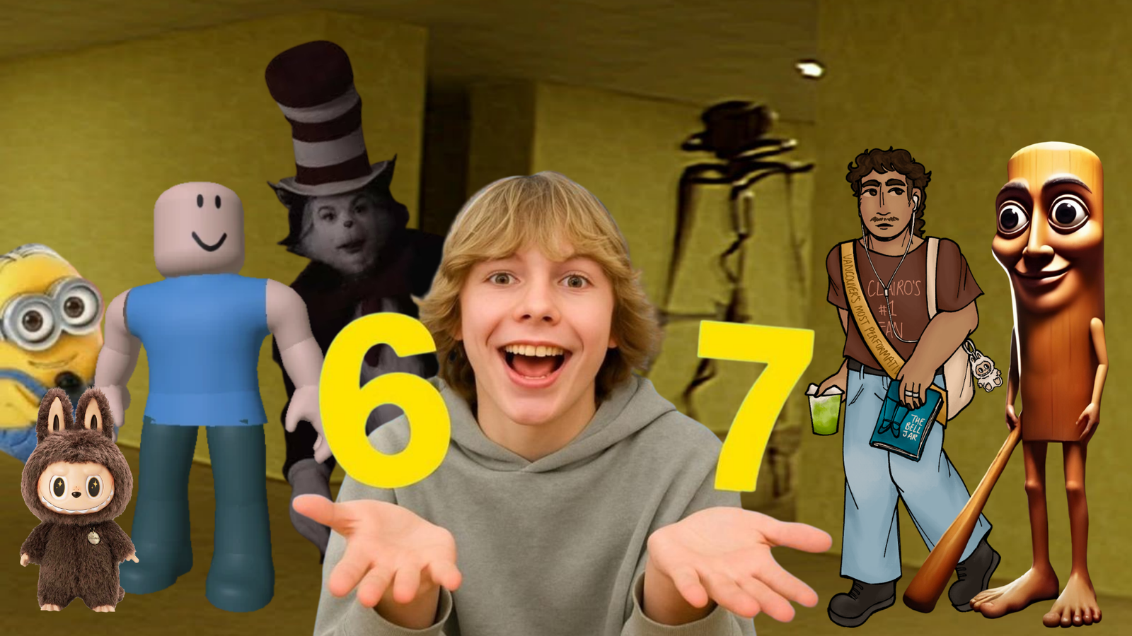 Banner de la pagina "Tendencias". En ella un minion, un labubu, un roblox, cat in the hat, un hombre performativo y tung tung sahur están en los backrooms junto al niño 6-7.